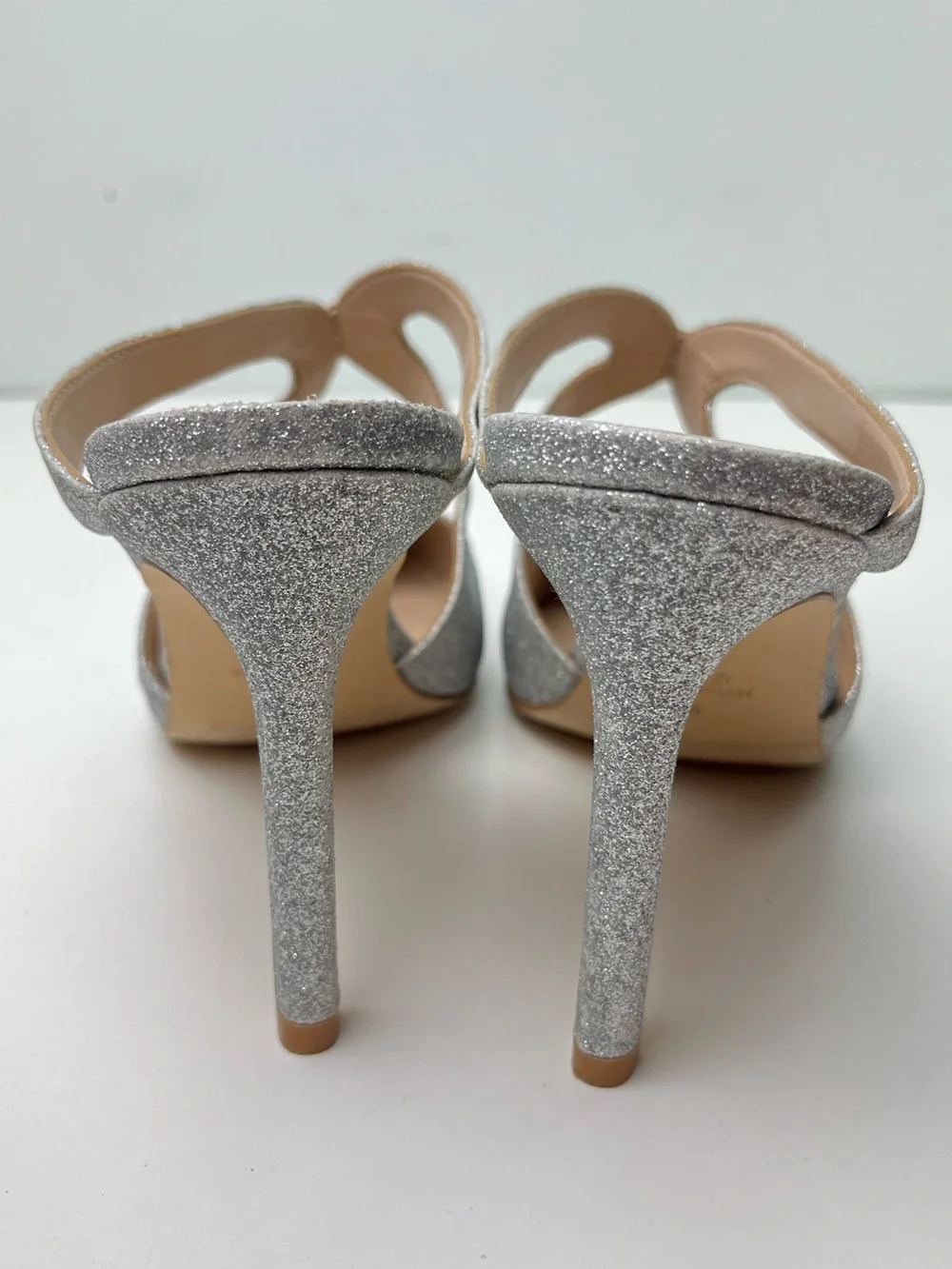 Stuart Weitzman Silver Glitter Crossover Pointed Toe Holiday High Heel Mule